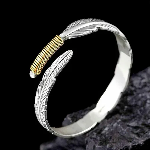 Vista 3 de Beccalame Silver Feather Bracelet Lucky Hope Cuff Jewelry Simple Retro For Women Men