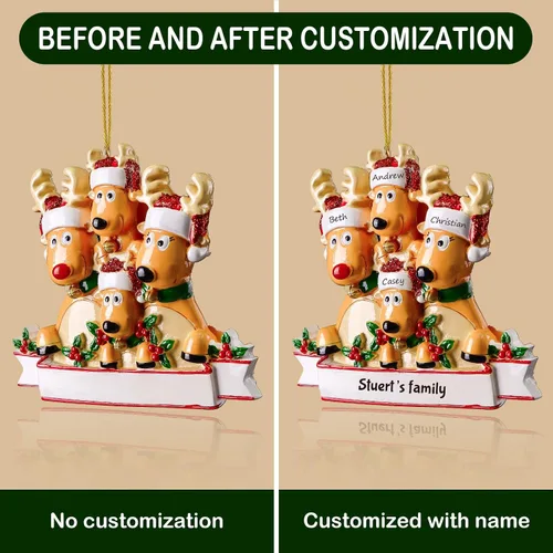 Vista 5 de Adornos de Navidad personalizados de ciervo, familia de 2, 3, 4, 5, 6, 7, 8 – Adorno de Navidad personalizable con nombre de reno, texto para árbol