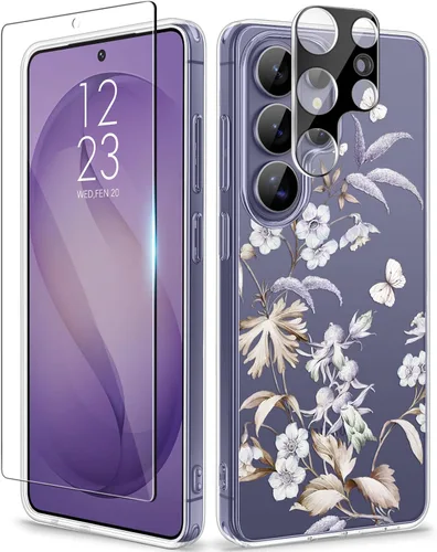Vista 33 de GVIEWIN Funda protectora para Samsung Galaxy S25, transparente floral, delgada, a prueba de golpes, para mujer, no se pone amarilla, con protector