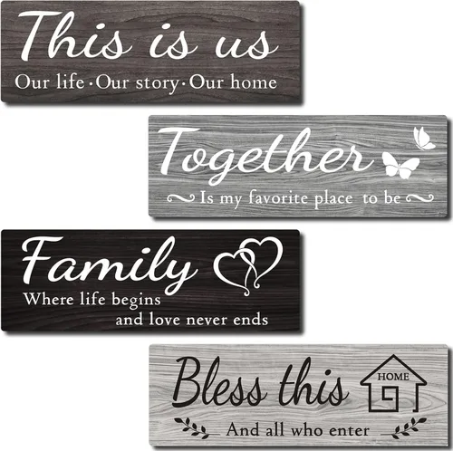 Vista 8 de 4 letreros de decoración de pared para el hogar, IDATOO decoraciones colgantes de madera rústica para sala de estar con frases THIS IS