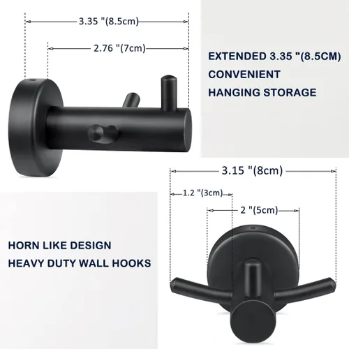 Vista 3 de Paquete de 2 ganchos para toallas montados en la pared de color negro mate para baño, ducha, cocina, armario, puerta de armario, SUS304 de acero