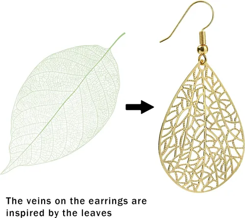 Vista 5 de 14K Gold Plated Silver Rose Gold Teardrop Filigree Dangle Earrings Lightweight Leaf Drop Earrings for Christmas Gift