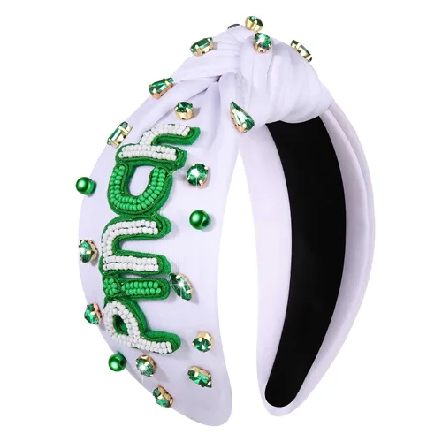 Vista 7 de boderier Diadema del día de San Patricio con sombrero de copa verde, diadema de trébol, accesorios de fiesta anudada de cristal con cuentas