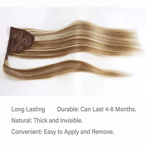 Vista 4 de Extensión de cola de caballo de cabello humano Remy 100% real, envolvente, cola de caballo larga y recta, extensiones de cabello con cola de caballo