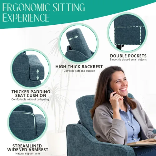 Vista 3 de Silla de acento moderna para dormitorio, silla de lectura tapizada con bolsillos laterales, sillas cómodas para sala de estar, sillón para sala