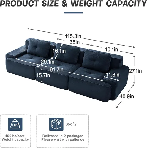 Vista 2 de Sofá seccional modular comprimido sin estructura de 117", sofás seccionales de 3 plazas para sala de estar, sofá seccional modular de pana azul