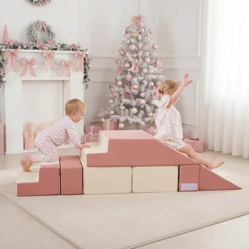 Vista 4 de Bloques de escalada de espuma para niños pequeños Sofá modular para niños con 2 otomanas en interiores, juego plegable suave para gatear