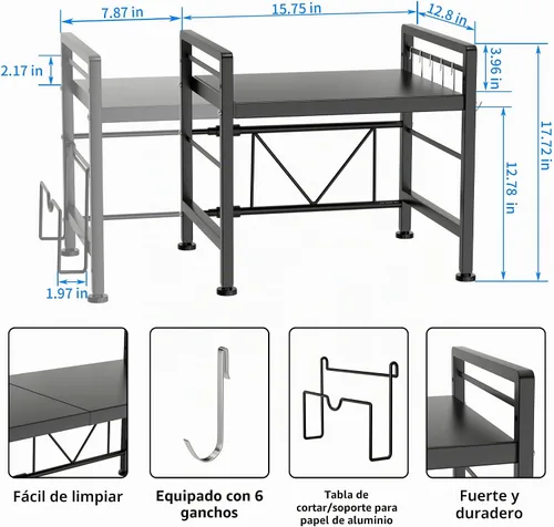 Vista 6 de YIUKEA Estante extensible para horno de microondas, estante ajustable para encimera de cocina, soporte de microondas de 2 niveles