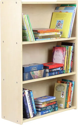 Vista 8 de Estantería de tres estantes para niños, 35.5 pulgadas de alto x 24 pulgadas de ancho x 11.5 pulgadas de profundidad, estantes resistentes de madera