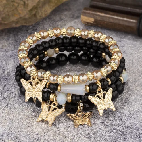 Vista 2 de Pingyongchang Pulseras bohemias para mujer, estilo bohemio, multicapa, con cuentas doradas, apilables, elásticas, hechas a mano, multicolor