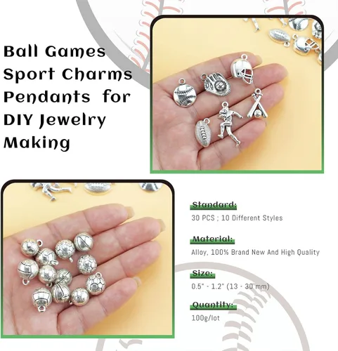 Vista 3 de JIALEEY Colección de dijes deportivos de pelota, juegos de pelota mixta, dijes deportivos para hacer joyas, bricolaje, 30 unidades (3.53 onzas)