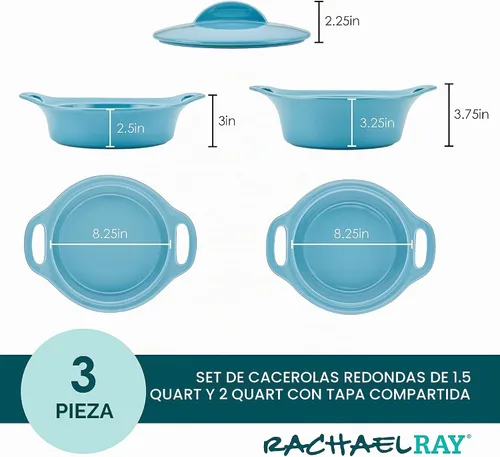 Vista 2 de Rachael Ray Solid Glaze Ceramics - Juego de utensilios para hornear/panadería con tapa compartida, 3 piezas, azul agave