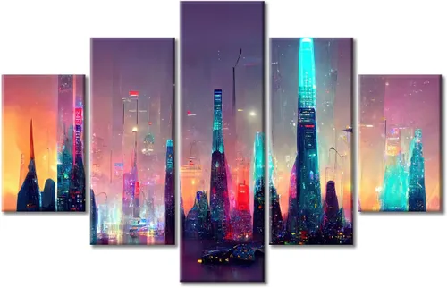 Vista 73 de Cuadros de 5 paneles de Cyberpunk City, arte de pared, representación de vallas publicitarias, edificios modernos en la capital con obras de arte