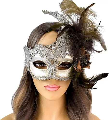 Vista 10 de Máscara de plumas burlesque, máscara de encaje de Mardi Gras para mujer, disfraz de plumas de pavo real, máscara de brocado veneciano