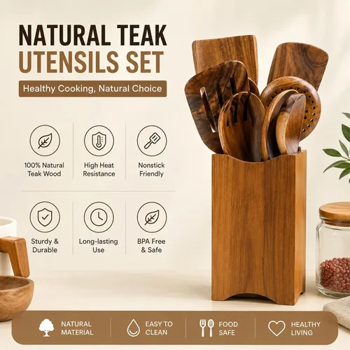 Vista 8 de Juego de utensilios de cocina de madera de teca prémium de 8 piezas, resistentes al calor, ligeras y resistentes, cucharas de madera para utensilios