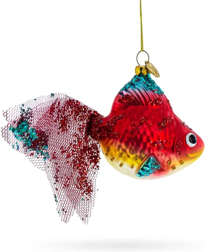 Vista 3 de Adorno navideño de cristal soplado con pez dorado con purpurina