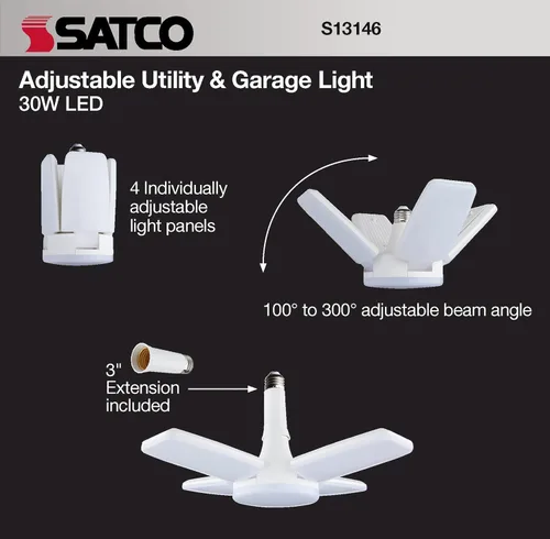 Vista 2 de Satco S13146 - Lámpara de techo LED ajustable multihaz y garaje, color blanco, 5000 K, 1 unidad (paquete de 1)