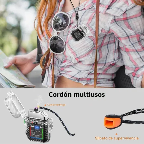 Vista 6 de SUPRUS Luminoso 3 modos de linterna resistente al viento, impermeable, encendedor eléctrico recargable de plasma de doble arco con silbato de Negro