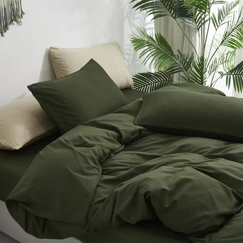 Vista 4 de Luxlovery Juego de edredón verde militar, juego de ropa de cama individual, minimalista, suave, transpirable y moderno, para todas las estaciones