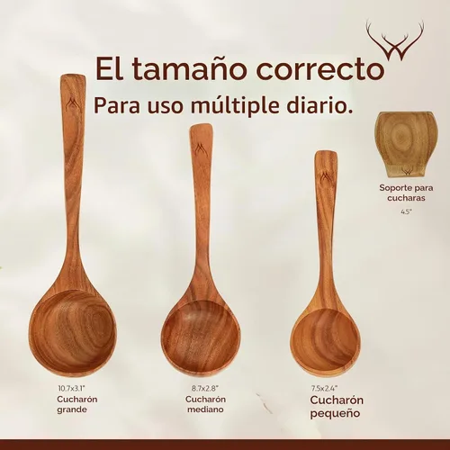 Vista 4 de Prime - Juego de cucharón de madera de teca con soporte para cuchara, cucharón de sopa grande y profundo con mango de gancho para cocinar, servir