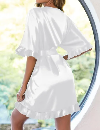 Vista 2 de Ekouaer Bata de seda con volantes para mujer, bata corta de satén, bata de media manga, bata de baño para dama de honor, boda, fiesta