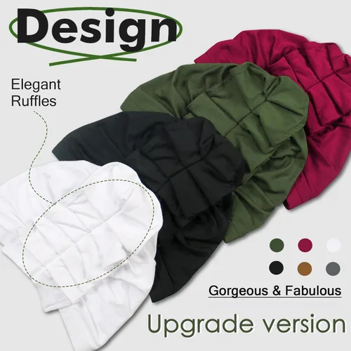 Vista 3 de Babalet Turbante elástico africano doble capa sombreros suaves pre-atados capó envoltura para el cabello con volantes turbantes para mujeres negras