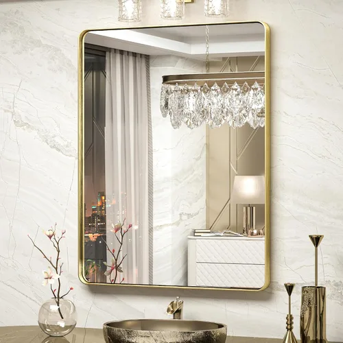 Vista 108 de TokeShimi Espejo de pared de baño de níquel cepillado de 20 x 30 pulgadas, marco de metal, esquina redonda, rectangular, para decoración del hogar