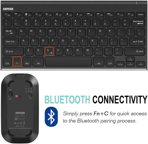 Vista 4 de Arteck Combo de teclado y mouse Bluetooth ultra compacto, delgado de acero inoxidable, tamaño completo y ratones ergonómicos