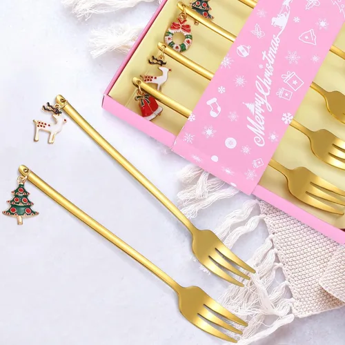 Vista 7 de Juego de cubiertos dorados de Navidad para postre, cubiertos de acero inoxidable, 6 piezas, utensilios de aperitivo con mango de abalorios
