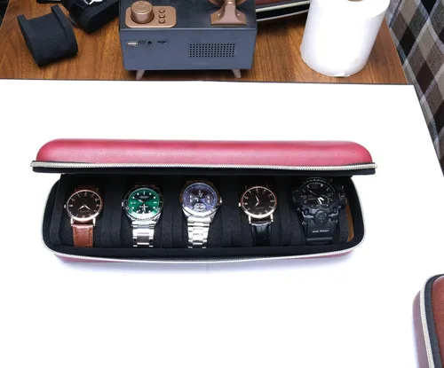 Vista 4 de Funda de viaje para reloj de cuero duro con 5 ranuras, almacenamiento y organizador para hombres y mujeres, con almohada de reloj antimovimiento