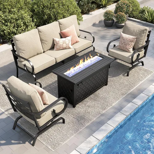 Vista 8 de PHI VILLA Patio Furniture Set with 4 Rocking Chairs & Fire Pit, Beige