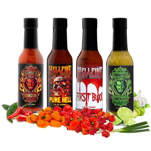 Vista 15 de Hellfire Hot Sauce Devil's Blend - Paquete de regalo de salsa picante gourmet con 4 sabores picantes (cuatro botellas de 5 onzas)