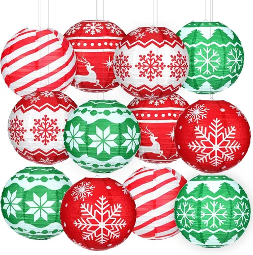 Vista 9 de Bencailor Juego de 12 linternas de papel colgantes de Navidad, linternas decorativas para fiesta de Navidad, lámparas colgantes redondas