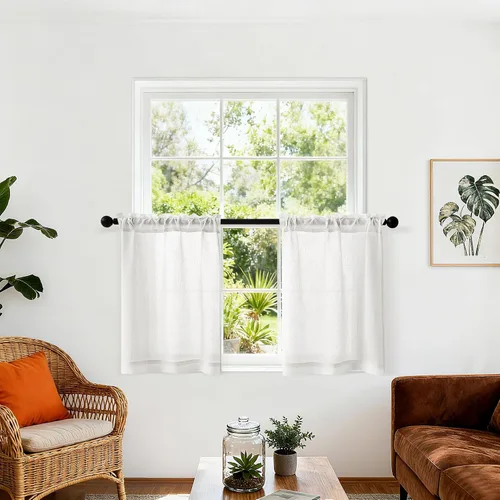 Vista 32 de Cortinas de cocina de lino semitransparente beige de 24 pulgadas de largo, 2 paneles Cream, Cafe Short Curtains, for Bathroom Small Windows, Light