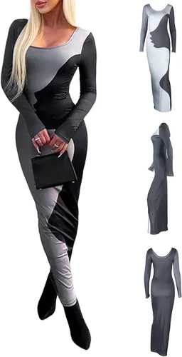 Vista 7 de Vestido largo ajustado de manga larga Y2k con cuello cuadrado para mujer, vestido de cóctel con estampado de cara de retazos