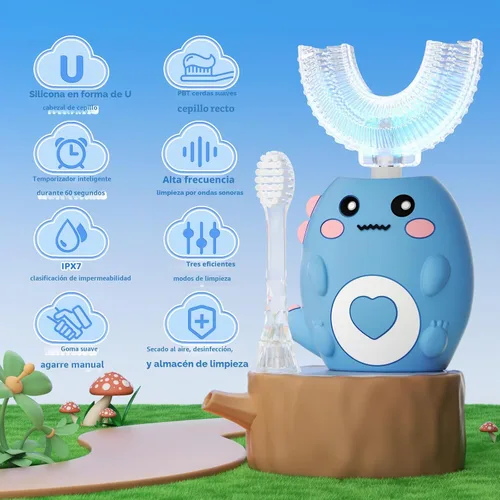 Vista 2 de Cepillo de dientes eléctrico en forma de U para niños, con 3 modos de limpieza, con 4 cabezales de cepillo, cepillo de dientes automático sónico