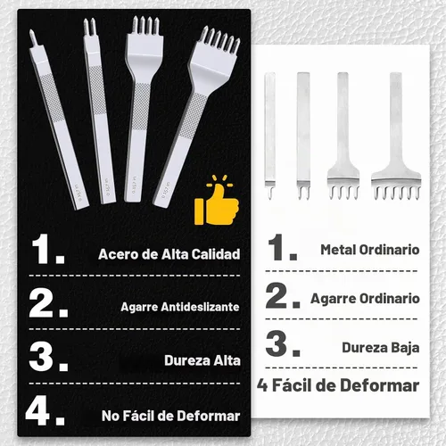 Vista 5 de Juego de herramientas de perforación de costura de cuero, punzón de 4 mm, punzón de 1/2/4/6 puntas, punzón redondo para cinturón, correa de reloj