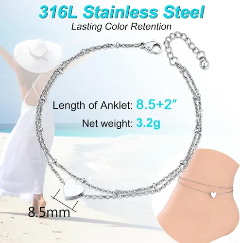 Vista 6 de ChainsPro - Tobillera ajustable de plata de ley S925 para mujer, pulsera de tobillo con corazón, luna, esposas, joyería para verano, acero