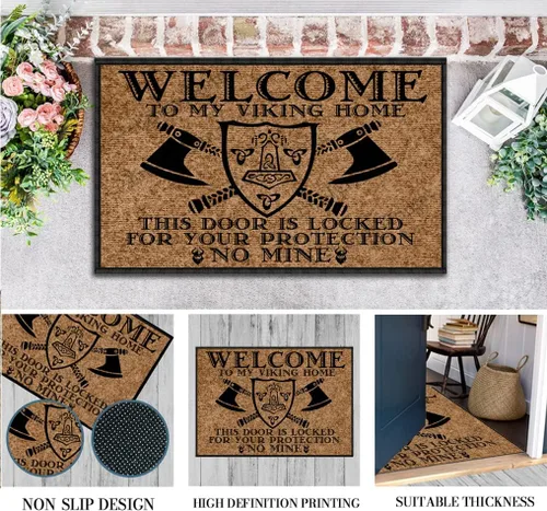 Vista 7 de Tapete divertido para puerta delantera, para exteriores, Welcome to My Viking Home, This Door is Locked for Your Protection No Mine Outdoor Funny