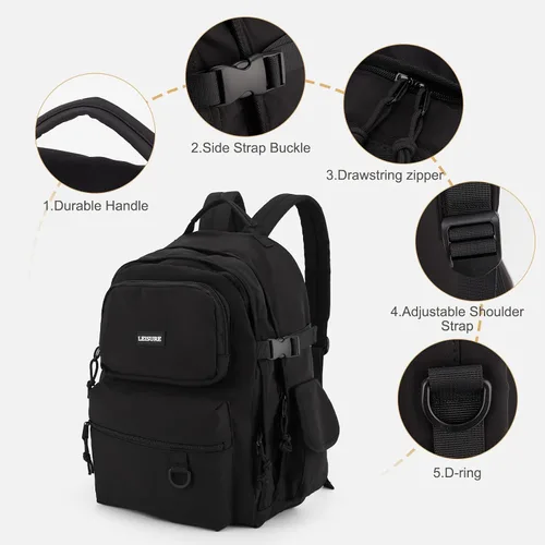 Vista 5 de Mochila escolar para adolescentes, niñas, niños, linda mochila de moda, mochila universitaria ligera, A-Negro, Mochila de viaje College