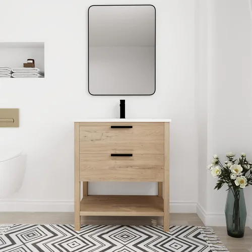 Vista 13 de Tocador de baño negro de 30 pulgadas con fregadero, tocador de baño independiente, tocador de baño, armario de tocador, 2 cajones y 1 estante abierto