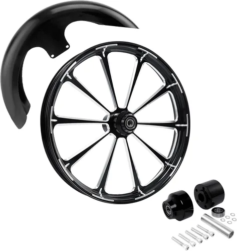 Vista 116 de TCMT Llanta de rueda delantera de 21", buje de rueda de brida de doble disco con guardabarros delantero negro sin pintar, compatible con modelos