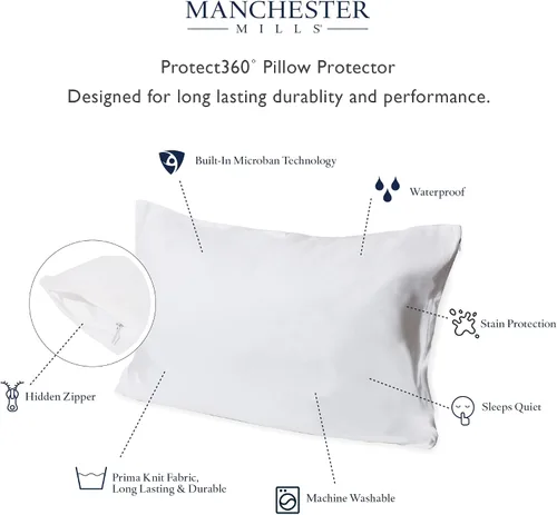 Vista 4 de Protect360 - Protector de almohada (juego de 2) – King, 21 x 36 pulgadas, protección contra microbios e impermeable, cierre de cremallera oculto