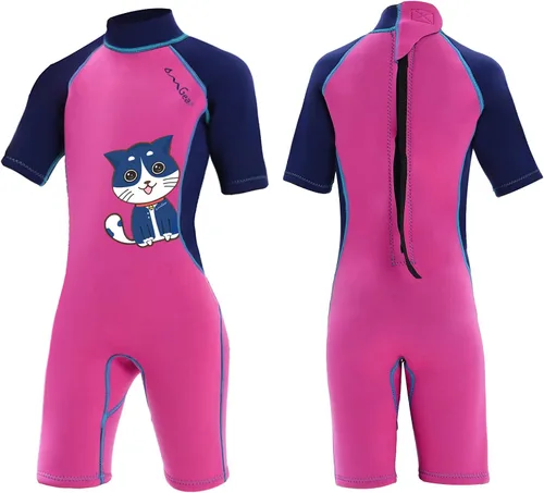 Vista 6 de OMGear Traje de neopreno corto de neopreno de una pieza para niños, de 0.18 pulgadas, 0.118 pulgadas, manga corta, con cremallera trasera, traje