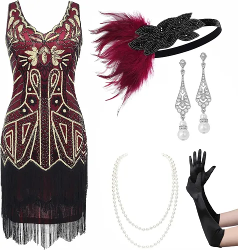 Vista 7 de BABEYOND Conjunto de vestidos flapper para mujer, con cuello en V de los años 20, con flecos y flecos, con accesorios Set - Champagne Gold