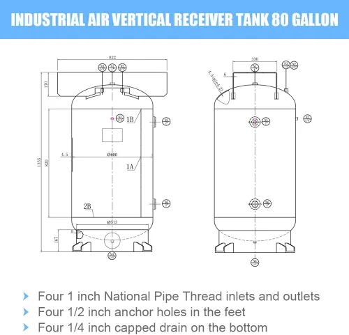 Vista 6 de Receptor industrial del compresor de aire del tanque de aire vertical de 80 galones clasificado para 200 PSI con ASME codificado