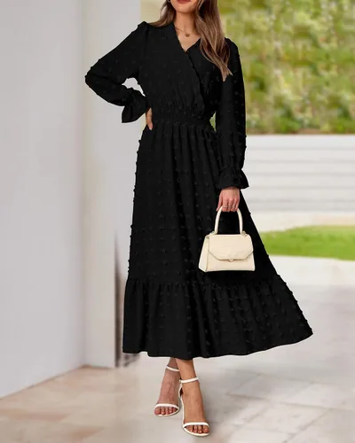 Vista 7 de BTFBM Vestidos de otoño 2023 para mujer, manga larga, cuello en V, lunares suizos, vestido largo bohemio, vestido largo de cintura alta, vestido