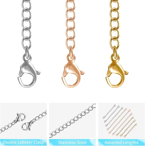 Vista 3 de Extensor de collar, 18 extensores de cadena para collares, pulsera de joyería de acero inoxidable de alta calidad, extensores de collar de tobillera