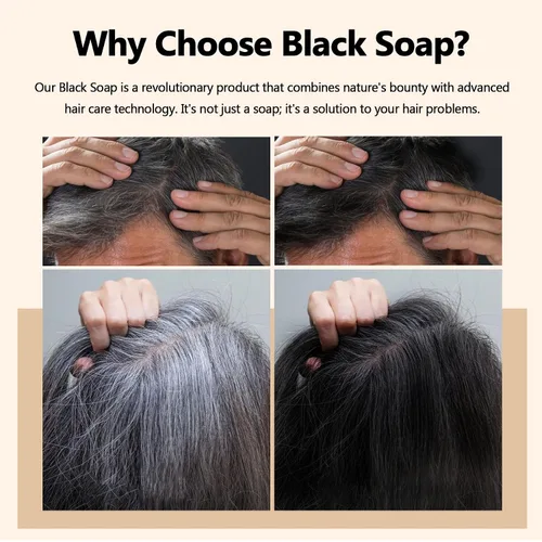 Vista 2 de 2 piezas de jabón negro sin brasas a base de hierbas para reversa gris, aceite de ricino Fo Ti para oscurecer y engrosar, barra de champú