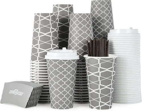Vista 8 de JOLLY PARTY [100 Sets] Tazas de papel para café de 10 onzas, tazas de café desechables con tapas, fundas y popotes, tazas para bebidas